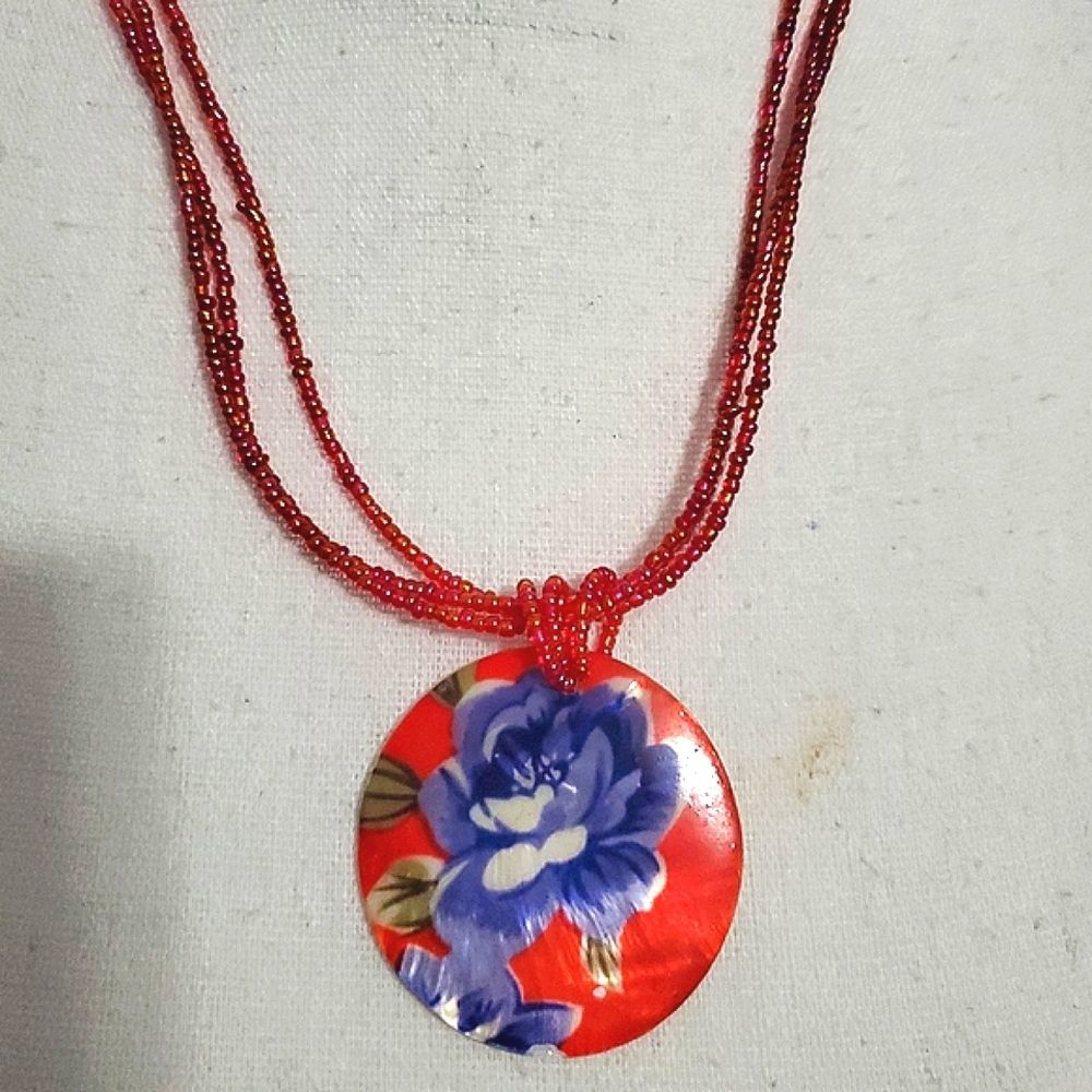 Red Seed Beads Necklace With Mother Of Pearl Blue Floral Rose Pendant
